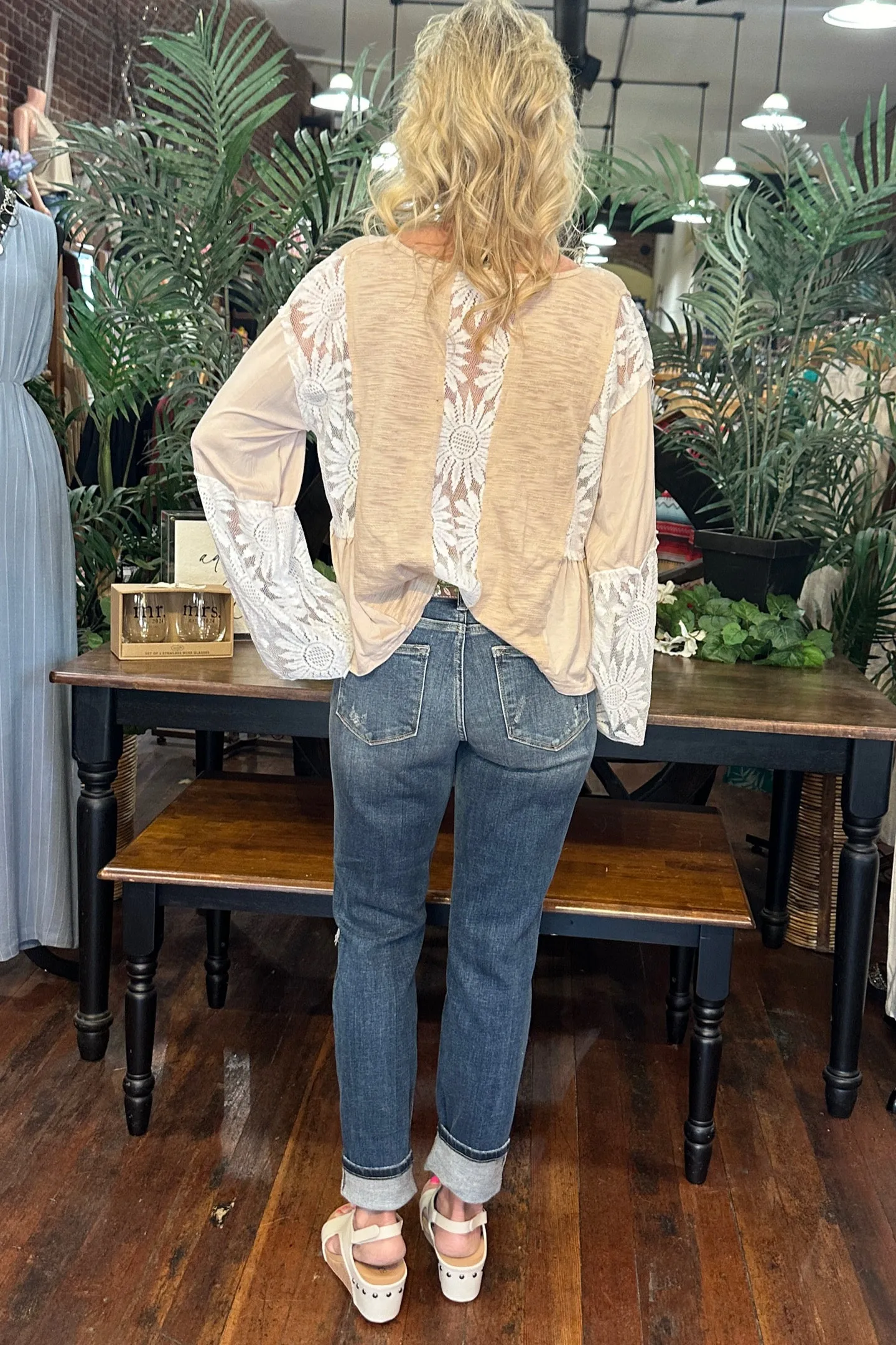 V- Neck Flare Sleeve Lace Detail Beige Top by POL