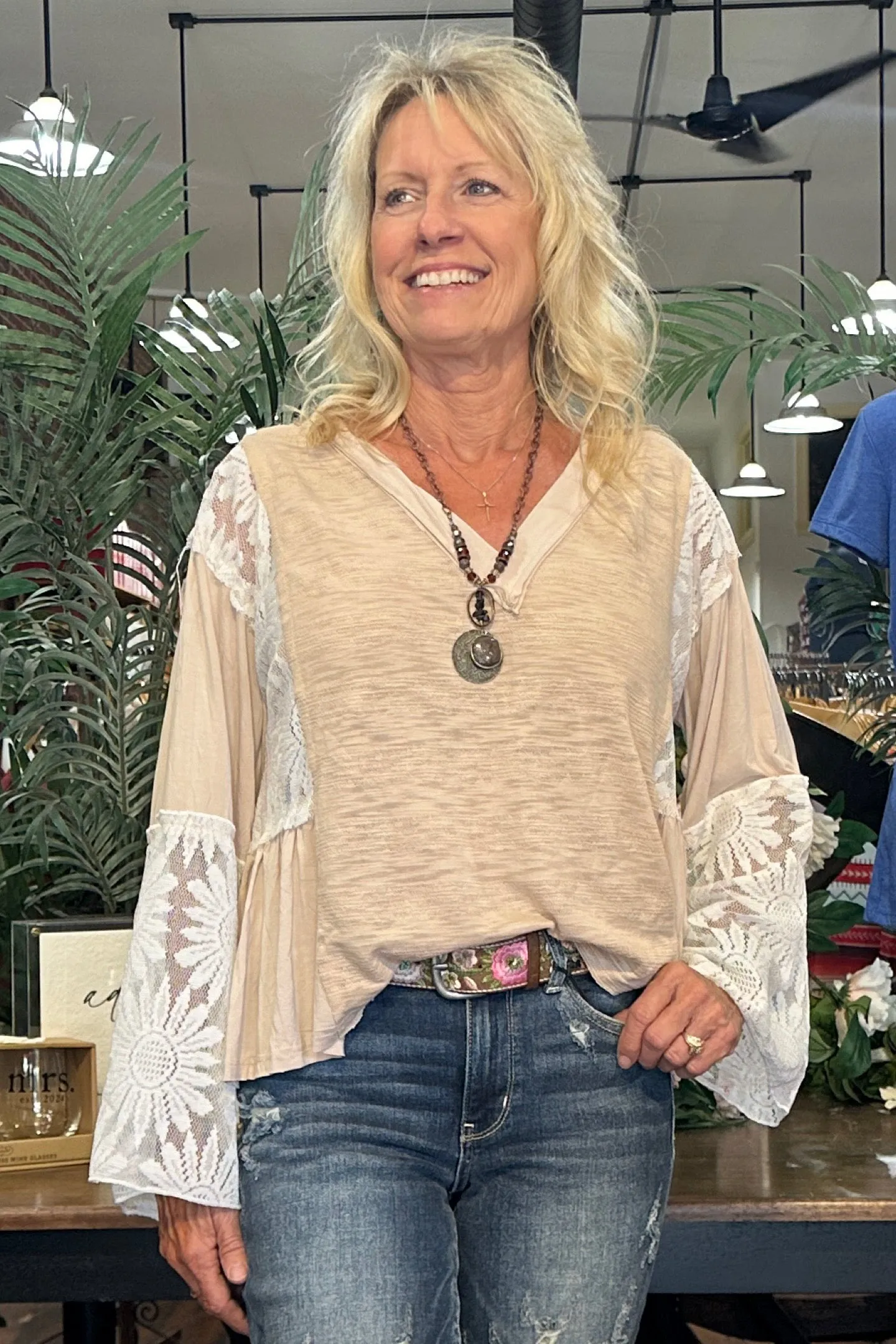 V- Neck Flare Sleeve Lace Detail Beige Top by POL
