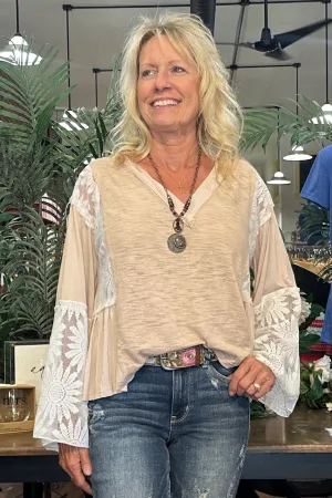 V- Neck Flare Sleeve Lace Detail Beige Top by POL