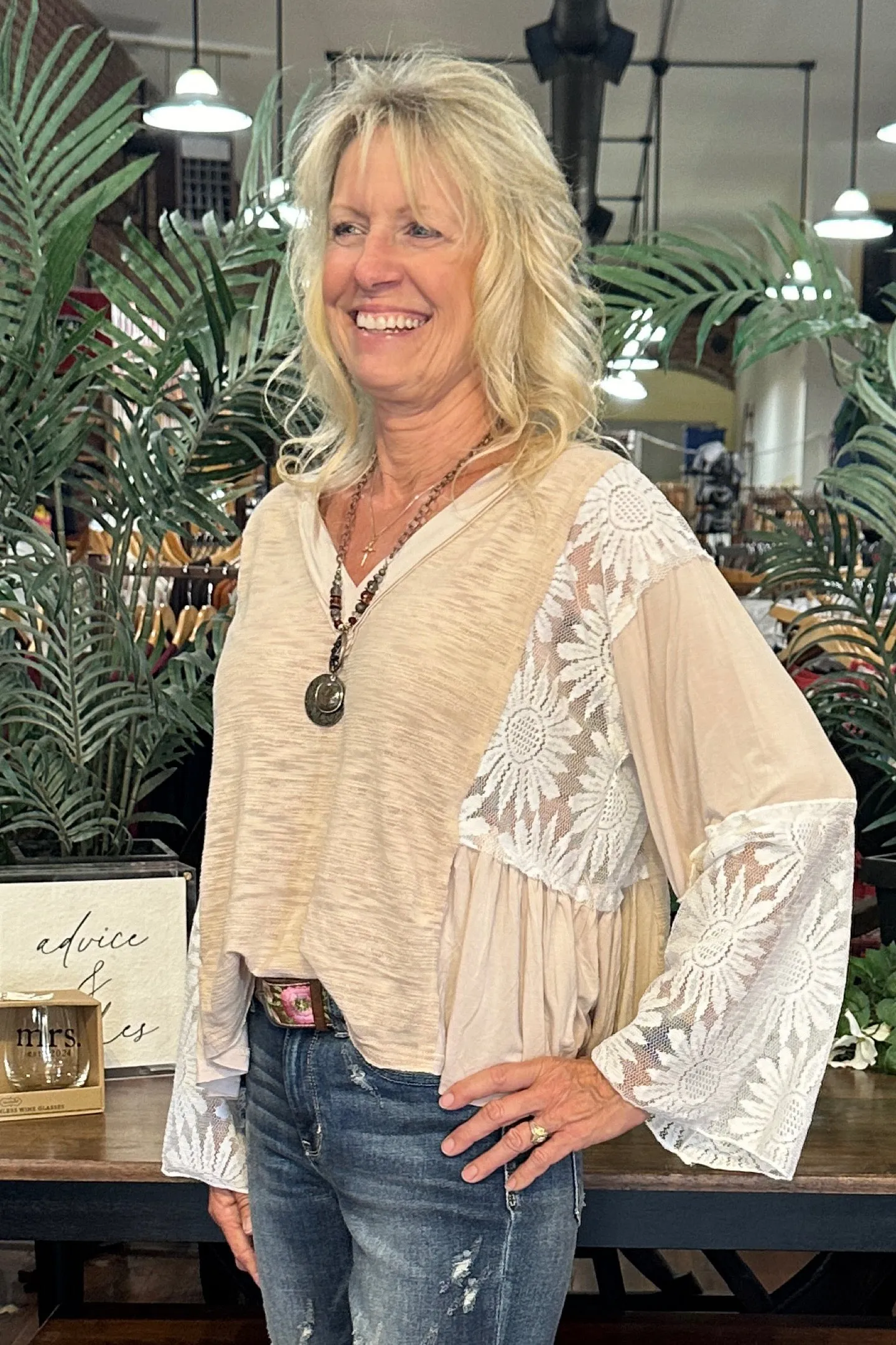 V- Neck Flare Sleeve Lace Detail Beige Top by POL