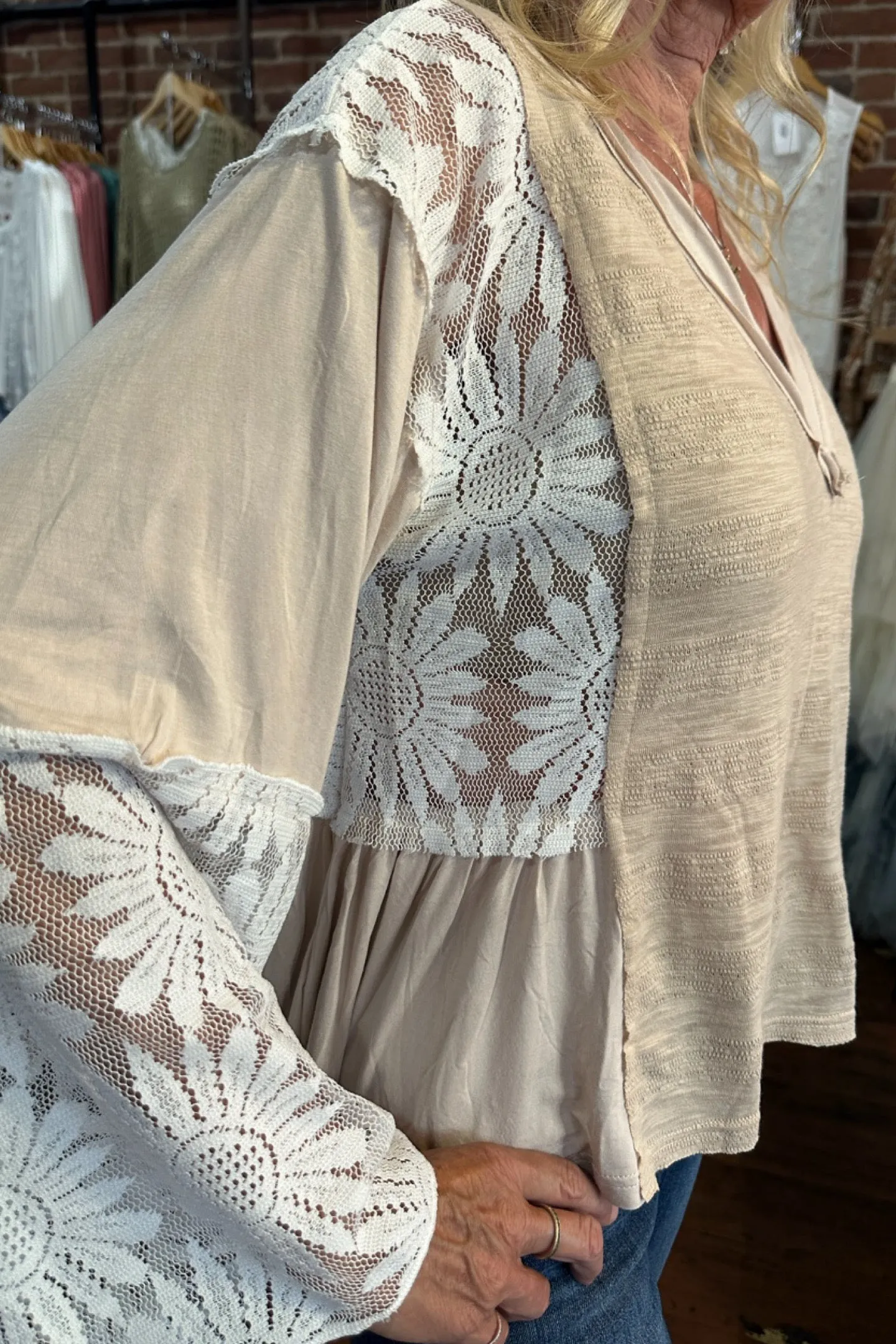 V- Neck Flare Sleeve Lace Detail Beige Top by POL