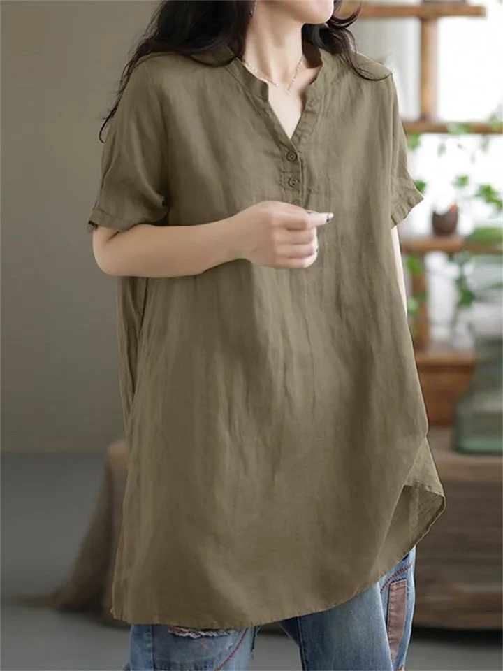 V Neck Short Sleeve Pullover Relaxed Linen Shirt for Female