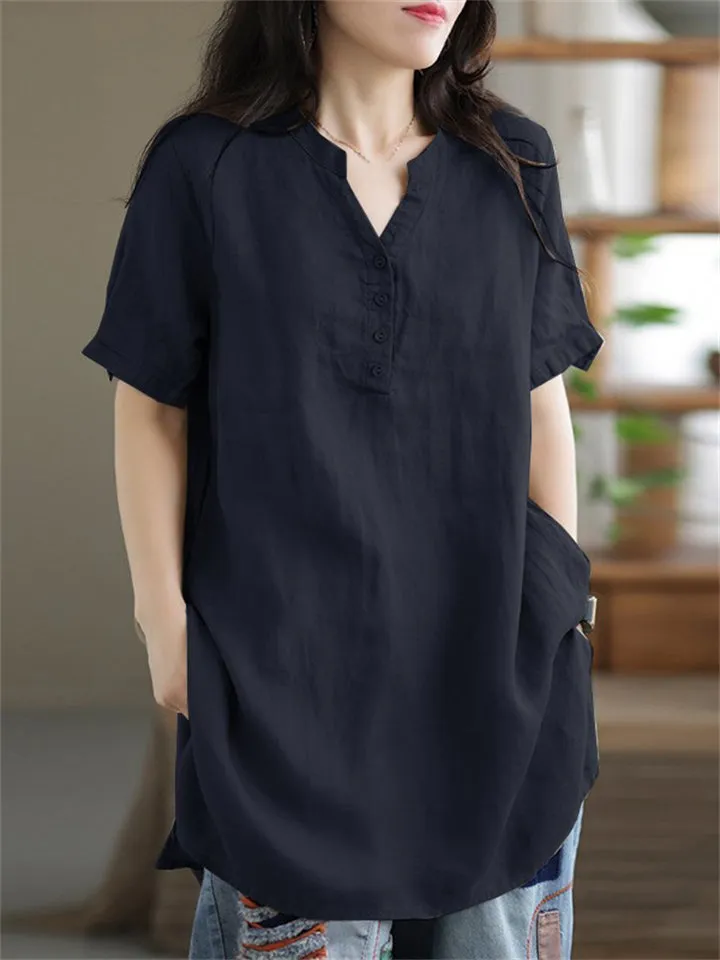 V Neck Short Sleeve Pullover Relaxed Linen Shirt for Female