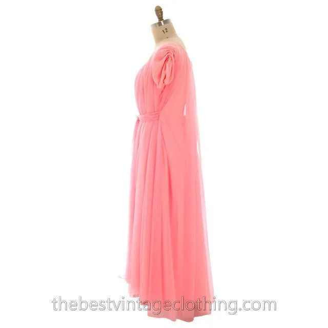 Vintage Lucie Ann Nylon Chiffon Nightgown/Lounger Coral Pink Short Sleeve M