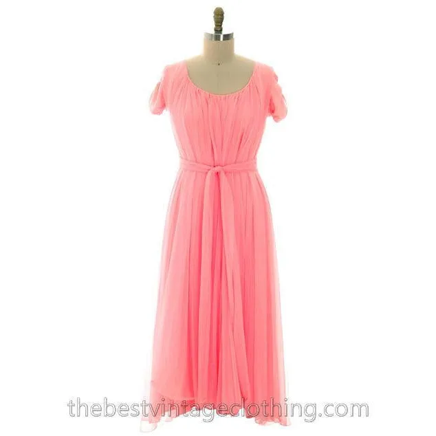 Vintage Lucie Ann Nylon Chiffon Nightgown/Lounger Coral Pink Short Sleeve M
