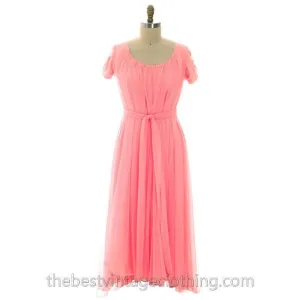 Vintage Lucie Ann Nylon Chiffon Nightgown/Lounger Coral Pink Short Sleeve M