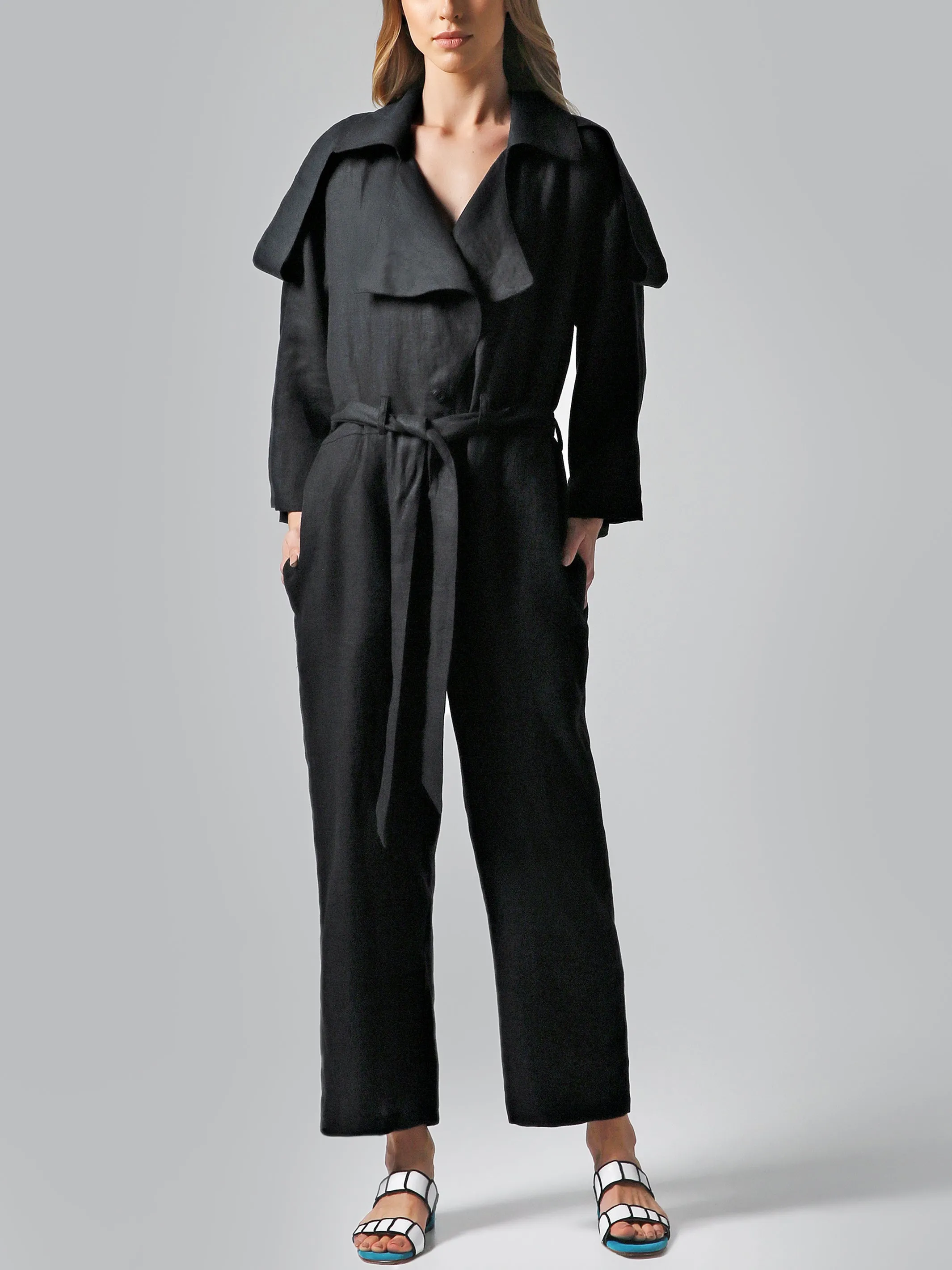 Visaltes Belted Black Linen Jumpsuit