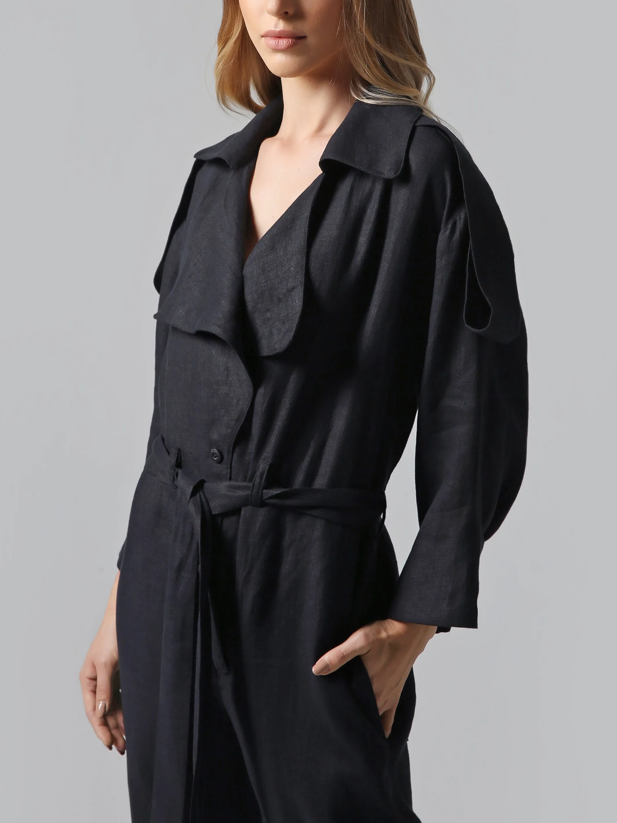 Visaltes Belted Black Linen Jumpsuit