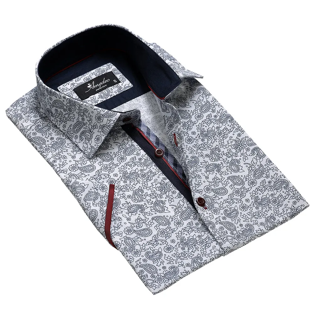 White Black Floral Paisley Mens Short Sleeve Button up Shirts - Tailored Slim Fit Cotton Dress