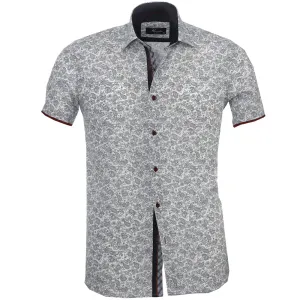 White Black Floral Paisley Mens Short Sleeve Button up Shirts - Tailored Slim Fit Cotton Dress