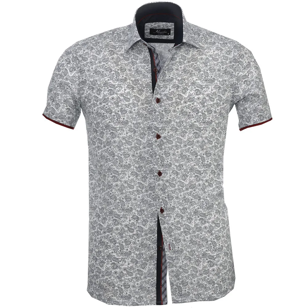 White Black Floral Paisley Mens Short Sleeve Button up Shirts - Tailored Slim Fit Cotton Dress