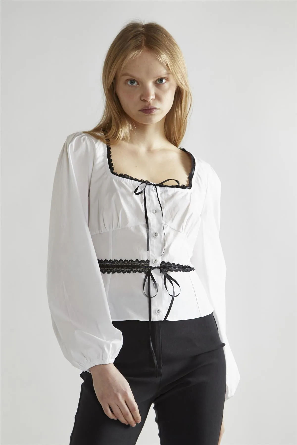 White-Black Square-Neck Long-Sleeve Top
