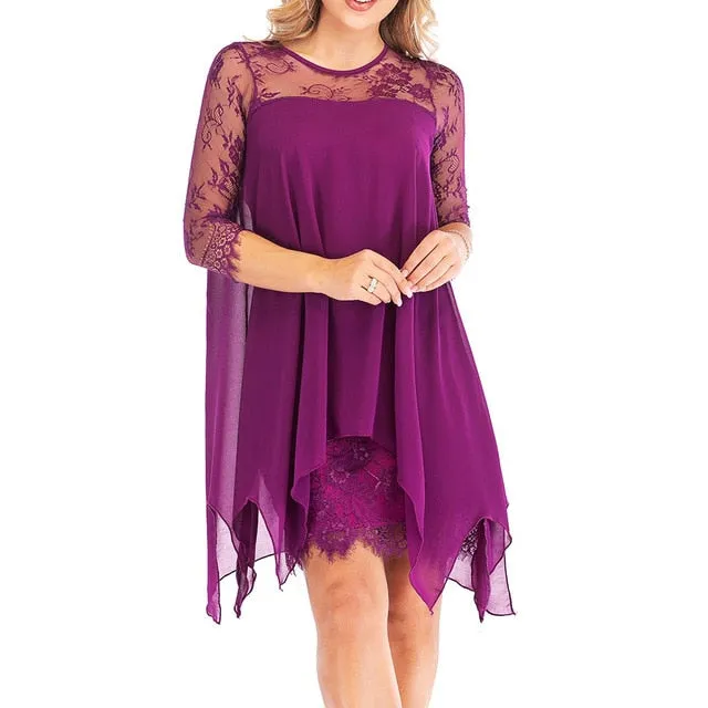 Women Fashions Half Sleeves Semi Sheer Lace Plus Size Chiffon Dresses