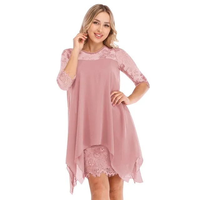 Women Fashions Half Sleeves Semi Sheer Lace Plus Size Chiffon Dresses