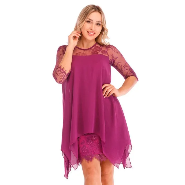 Women Fashions Half Sleeves Semi Sheer Lace Plus Size Chiffon Dresses
