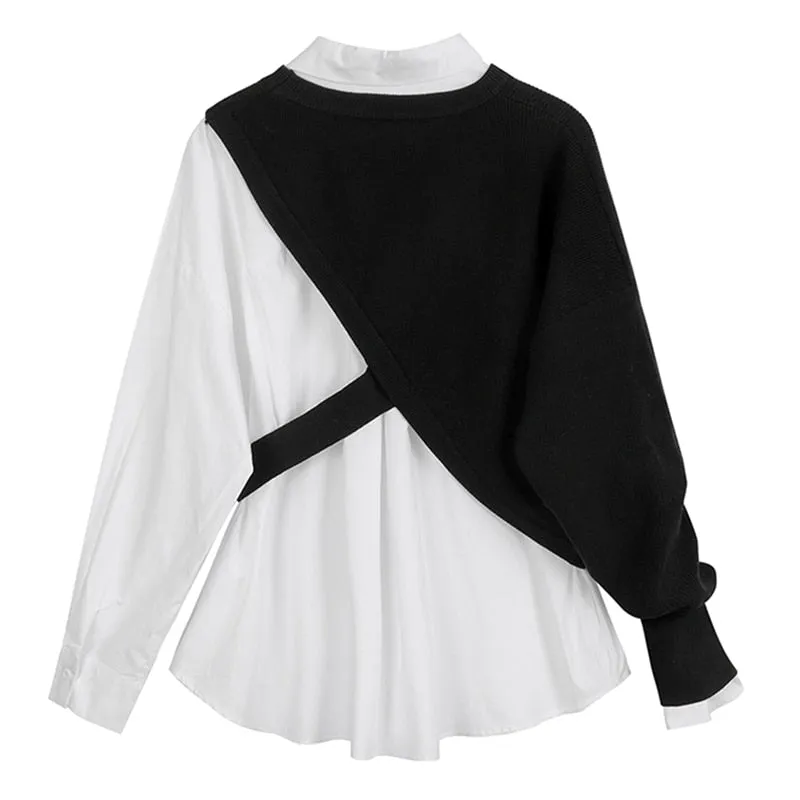 Women White Knitting Split Big Size Blouse