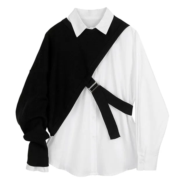 Women White Knitting Split Big Size Blouse