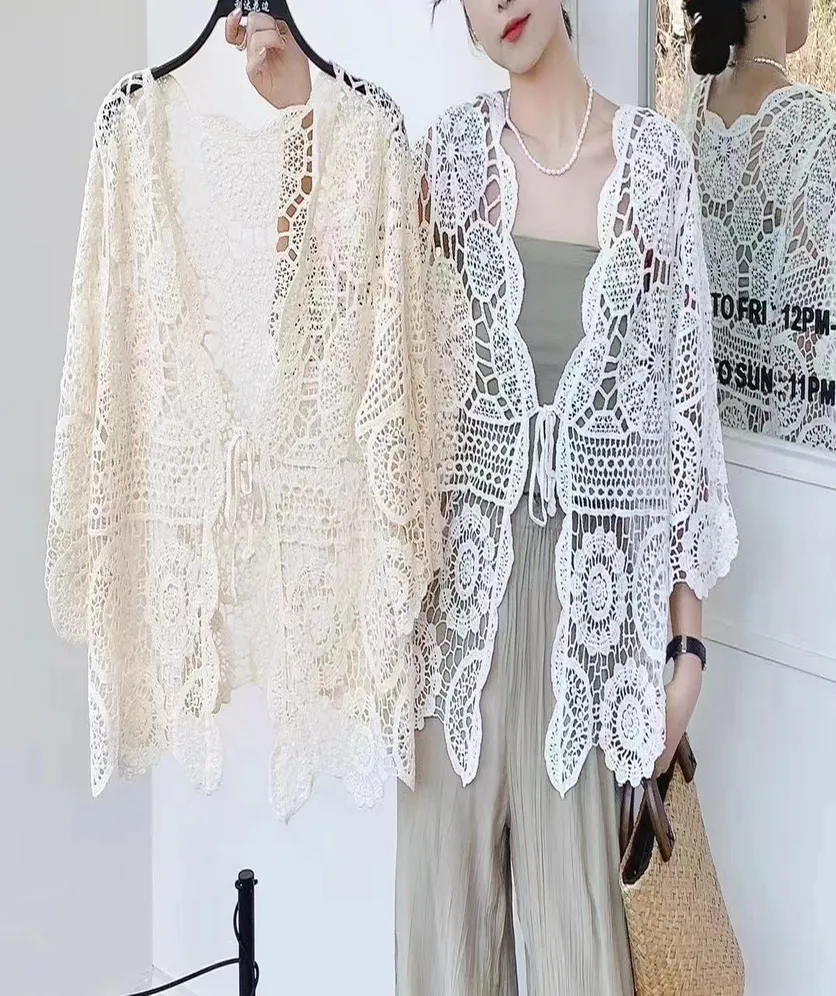 Women's Crochet Floral Lace Cardigan Cover Up for Women Half Sleeve Tie Front Top