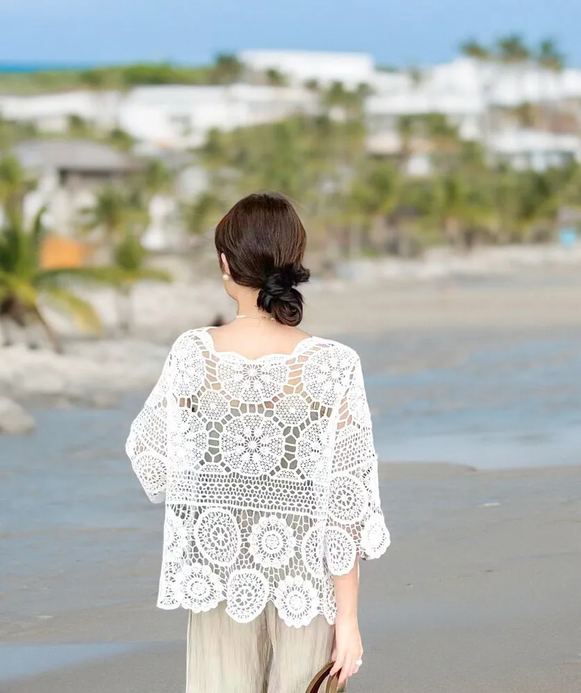 Women's Crochet Floral Lace Cardigan Cover Up for Women Half Sleeve Tie Front Top