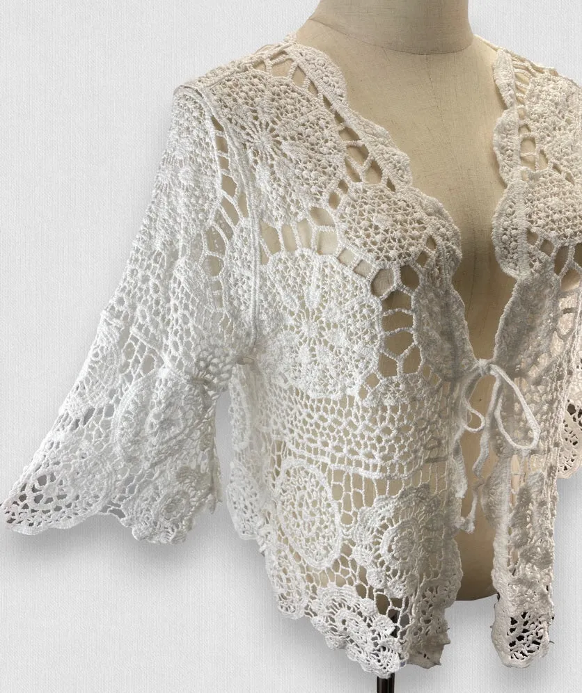 Women's Crochet Floral Lace Cardigan Cover Up for Women Half Sleeve Tie Front Top