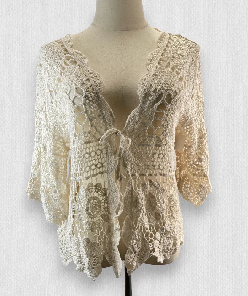 Women's Crochet Floral Lace Cardigan Cover Up for Women Half Sleeve Tie Front Top