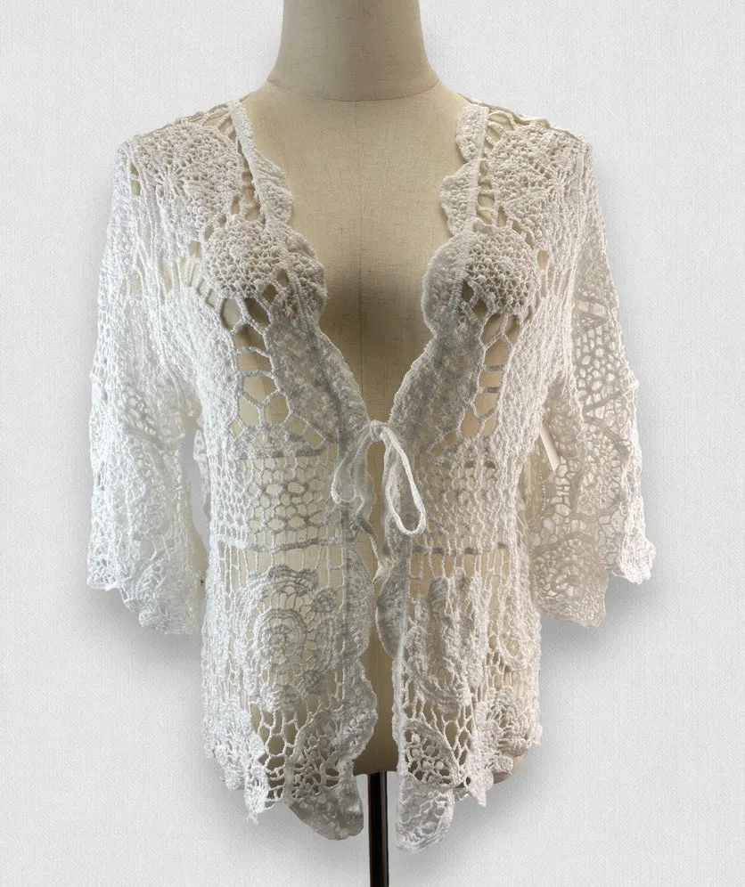 Women's Crochet Floral Lace Cardigan Cover Up for Women Half Sleeve Tie Front Top