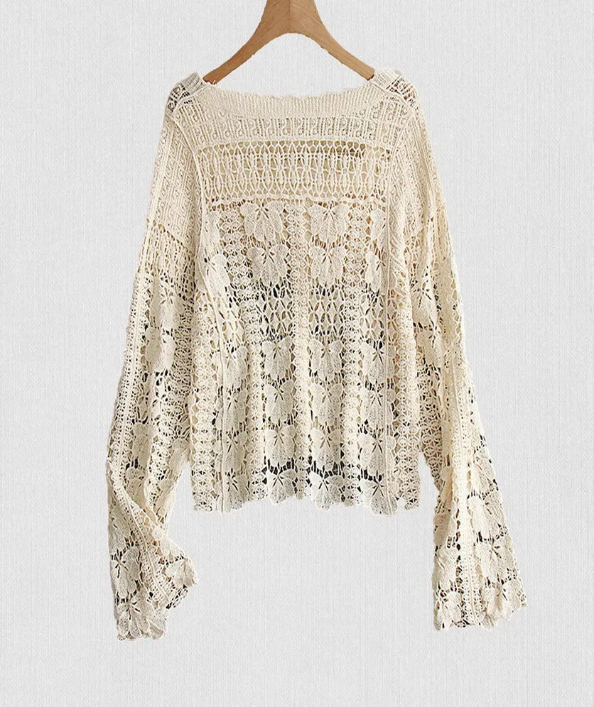 Women's Crochet Floral Lace Top Cardigan Cover Up for Women Long Sleeve Button Square Collar