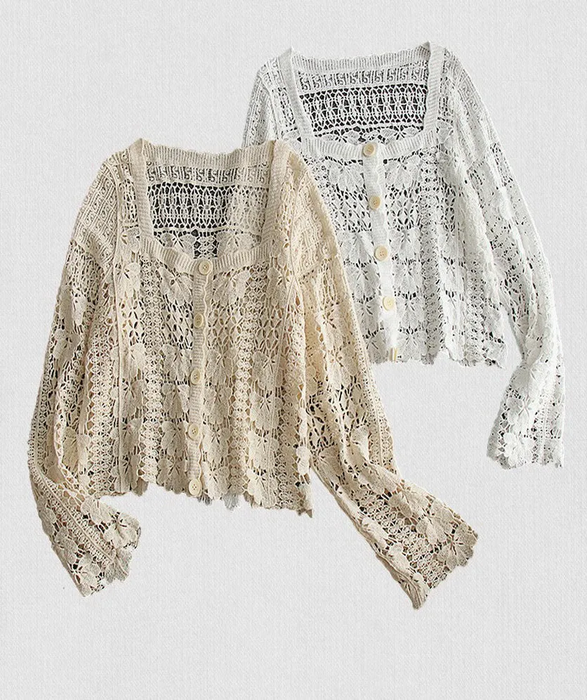 Women's Crochet Floral Lace Top Cardigan Cover Up for Women Long Sleeve Button Square Collar