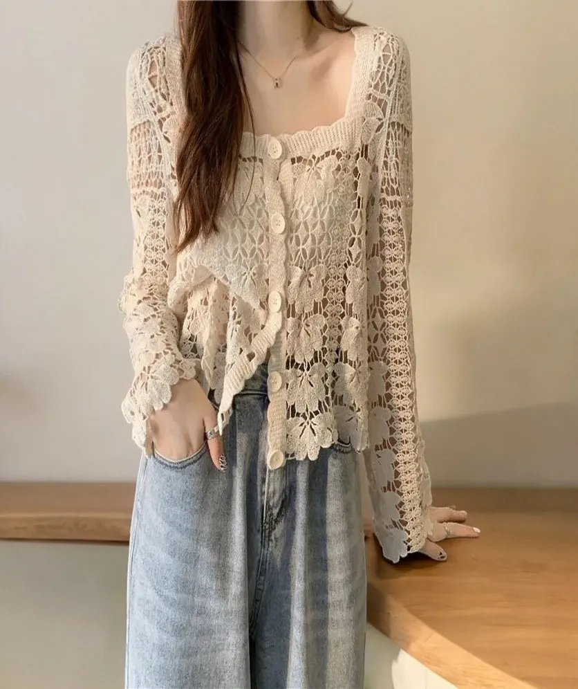 Women's Crochet Floral Lace Top Cardigan Cover Up for Women Long Sleeve Button Square Collar