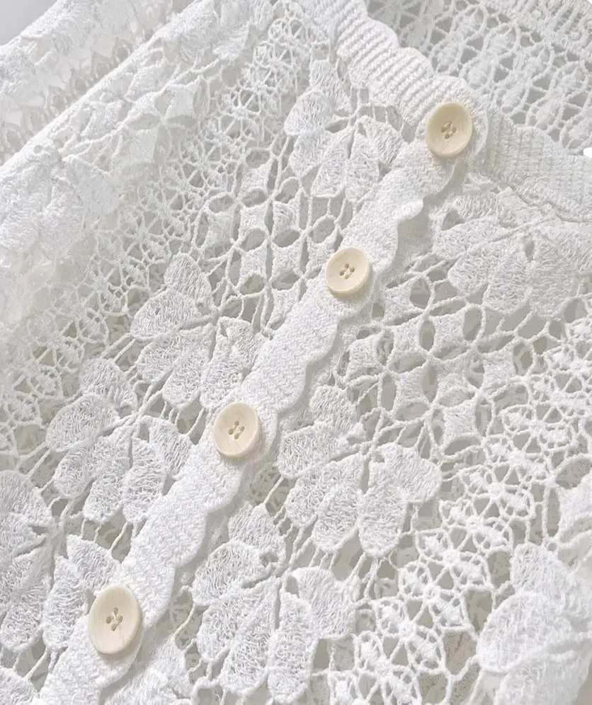 Women's Crochet Floral Lace Top Cardigan Cover Up for Women Long Sleeve Button Square Collar
