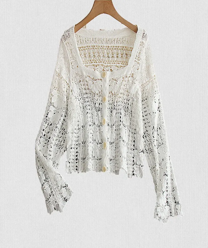 Women's Crochet Floral Lace Top Cardigan Cover Up for Women Long Sleeve Button Square Collar