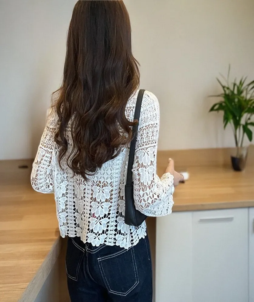 Women's Crochet Floral Lace Top Cardigan Cover Up for Women Long Sleeve Button Square Collar
