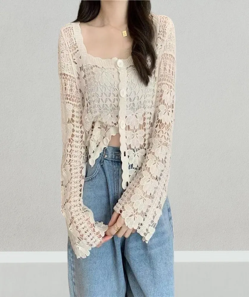 Women's Crochet Floral Lace Top Cardigan Cover Up for Women Long Sleeve Button Square Collar