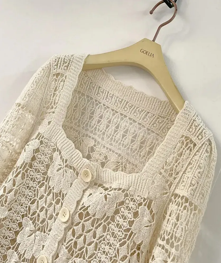 Women's Crochet Floral Lace Top Cardigan Cover Up for Women Long Sleeve Button Square Collar