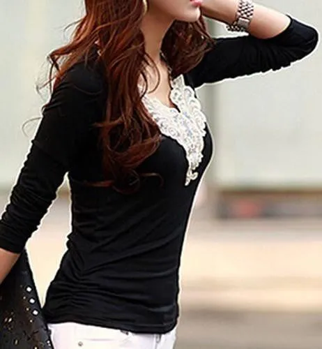 Women's Embroidery Lace Decoration Tops V Neck Long Sleeves Slim Cotton T-Shirt smt102