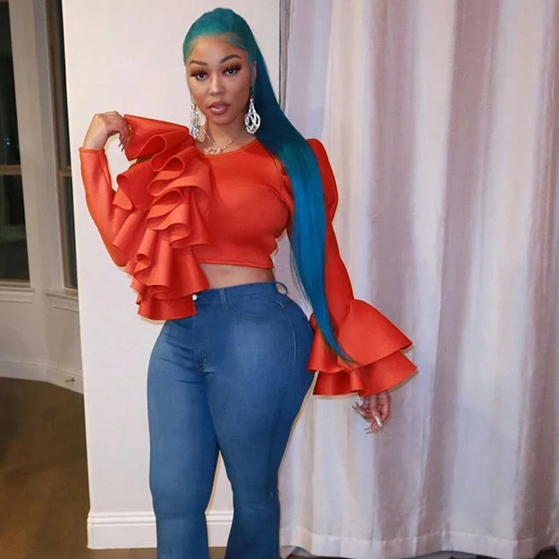 Women's Fashion Blouses New Sexy Leaky Umbilical Slim Style Solid Color One Sided Ruffles Mosaic Bodysuit Long Sleeve Tops