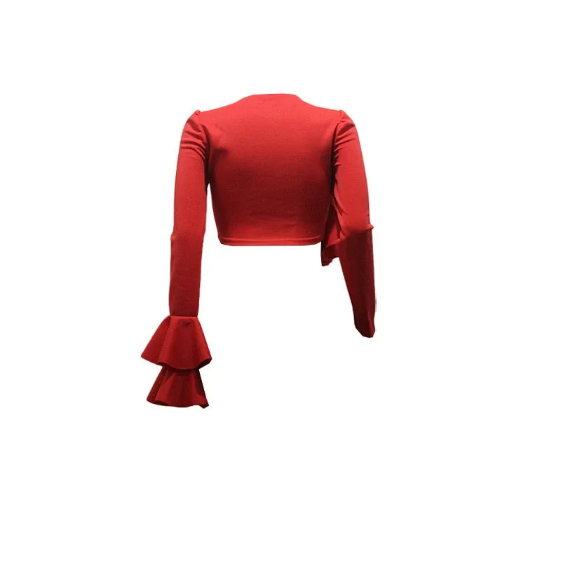 Women's Fashion Blouses New Sexy Leaky Umbilical Slim Style Solid Color One Sided Ruffles Mosaic Bodysuit Long Sleeve Tops
