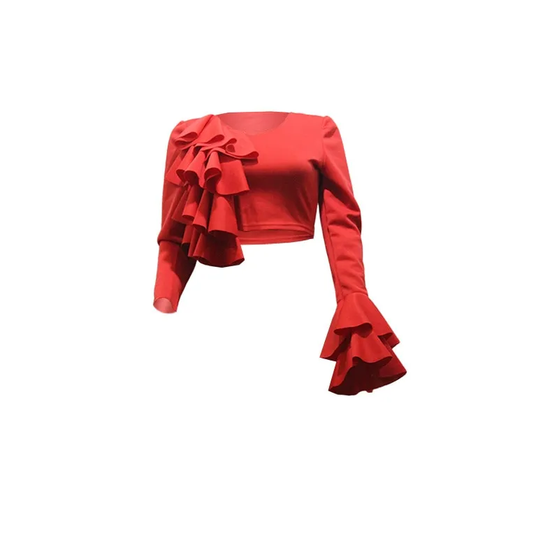Women's Fashion Blouses New Sexy Leaky Umbilical Slim Style Solid Color One Sided Ruffles Mosaic Bodysuit Long Sleeve Tops