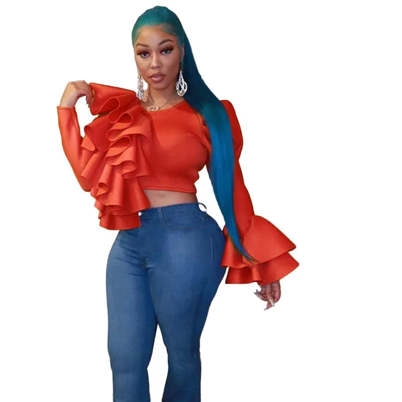 Women's Fashion Blouses New Sexy Leaky Umbilical Slim Style Solid Color One Sided Ruffles Mosaic Bodysuit Long Sleeve Tops