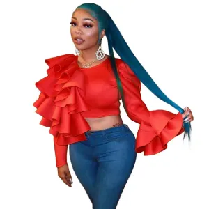 Women's Fashion Blouses New Sexy Leaky Umbilical Slim Style Solid Color One Sided Ruffles Mosaic Bodysuit Long Sleeve Tops