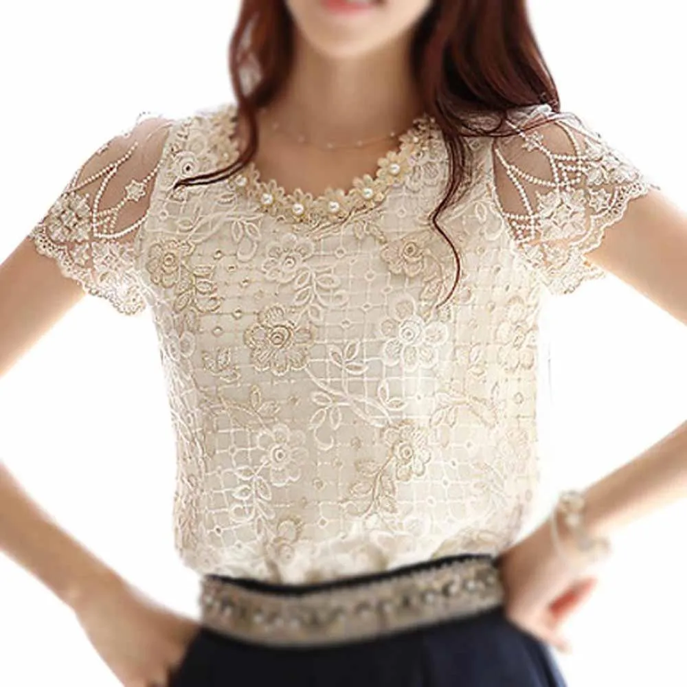 women's Fashion Elegant Beading Lace Embroidered The Formal Tops And Blouses With Flowers Are Female S/M/L/XL/XXL