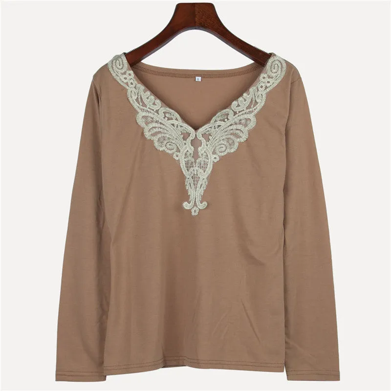 women's fashion Hollow lace collar Slim casual Long Sleeve shirt V-neck embroidered tops