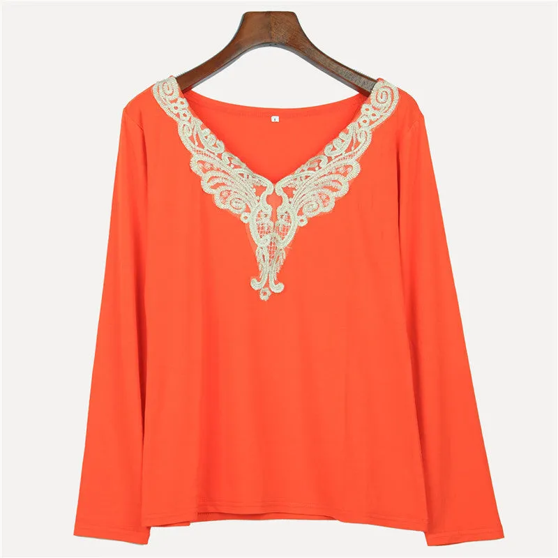 women's fashion Hollow lace collar Slim casual Long Sleeve shirt V-neck embroidered tops