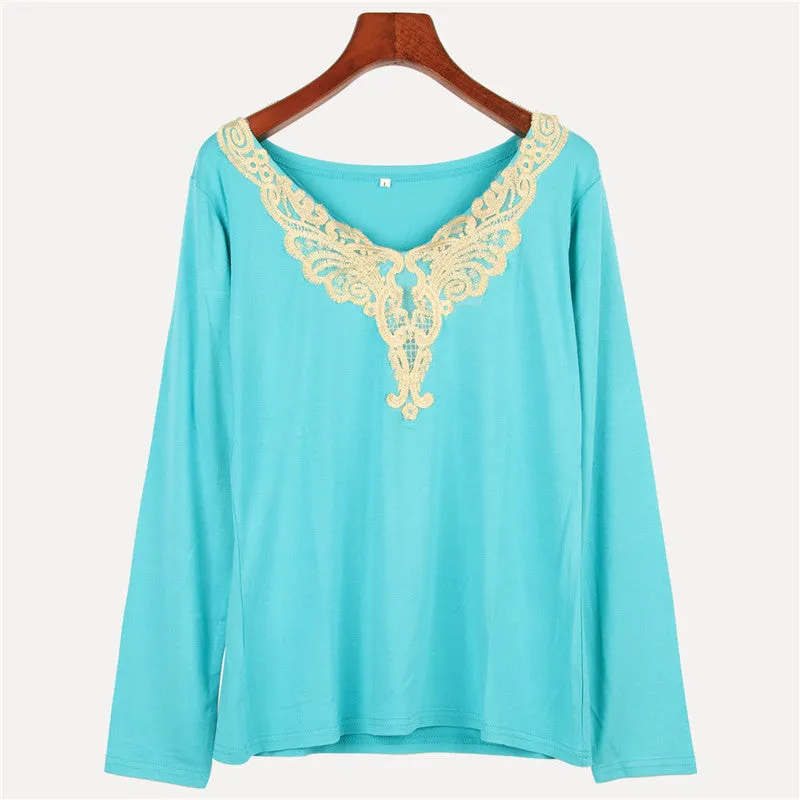 women's fashion Hollow lace collar Slim casual Long Sleeve shirt V-neck embroidered tops
