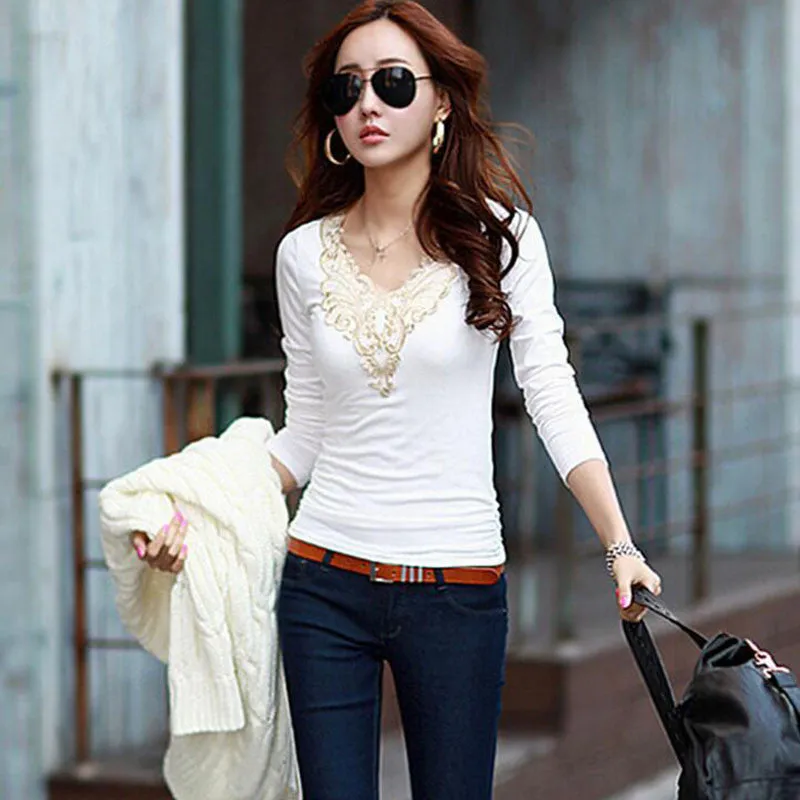 women's fashion Hollow lace collar Slim casual Long Sleeve shirt V-neck embroidered tops