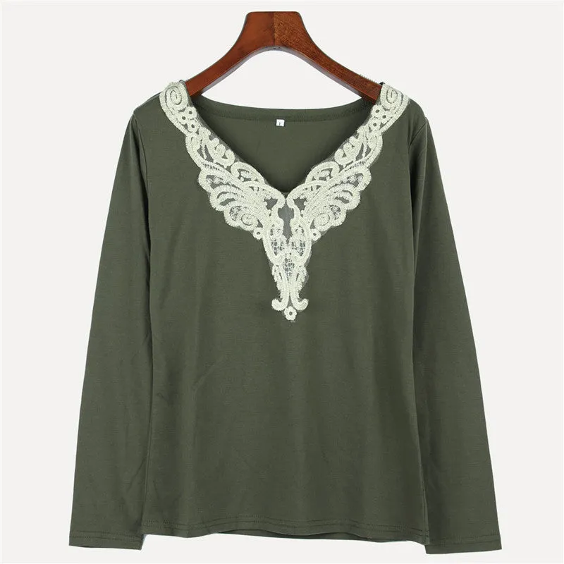 women's fashion Hollow lace collar Slim casual Long Sleeve shirt V-neck embroidered tops
