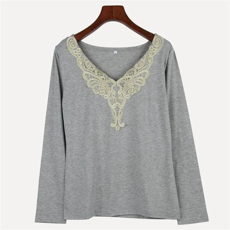 women's fashion Hollow lace collar Slim casual Long Sleeve shirt V-neck embroidered tops
