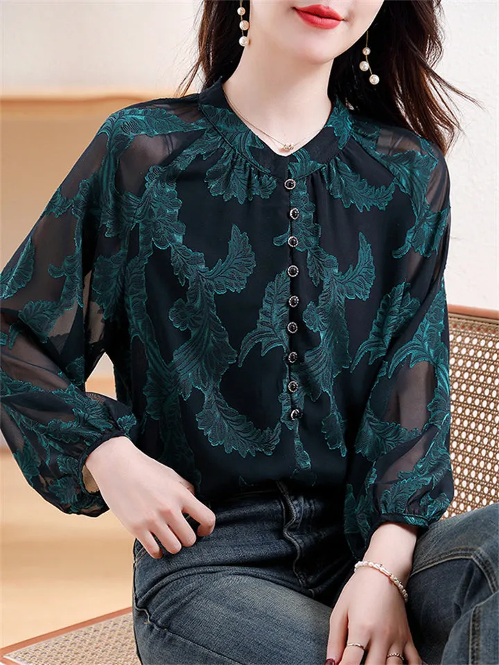Women's Leisure Dark Green Jacquard Breathable Sleeve Chiffon Shirt