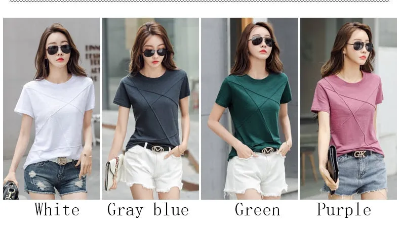 Women's O-Neck Cotton T-Shirts Short Sleeve Ribbed Tops
