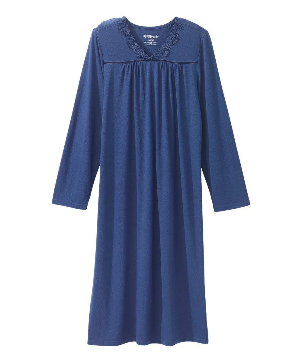 Women's Open Back Long Sleeve Lace Trim Nightgown